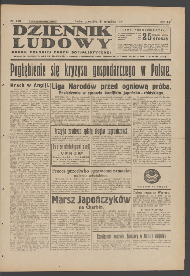 Dziennik Ludowy&nbsp;: organ Polskiej Partji Socjalistycznej. Rok&nbsp;14, 1931, numer&nbsp;219