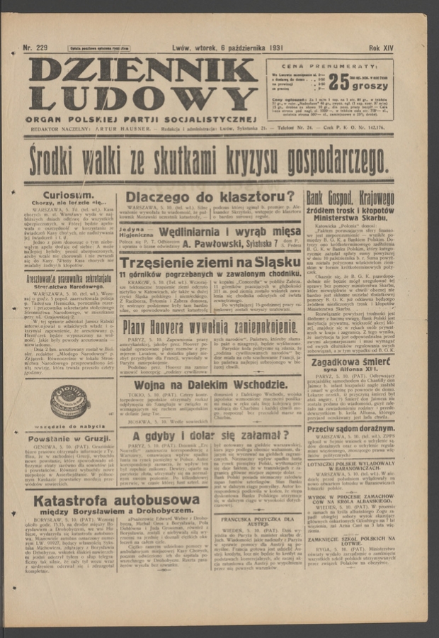 Dziennik Ludowy&nbsp;: organ Polskiej Partji Socjalistycznej. Rok&nbsp;14, 1931, numer&nbsp;229