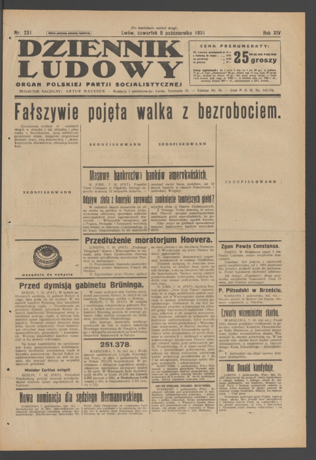 Dziennik Ludowy&nbsp;: organ Polskiej Partji Socjalistycznej. Rok&nbsp;14, 1931, numer&nbsp;231 (po&nbsp;konfiskacie nakład drugi)