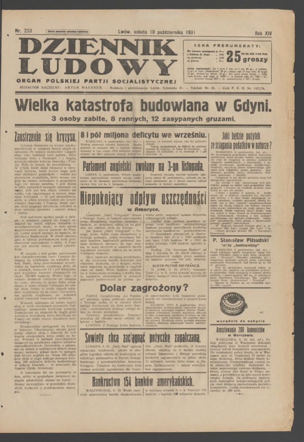 Dziennik Ludowy&nbsp;: organ Polskiej Partji Socjalistycznej. Rok&nbsp;14, 1931, numer&nbsp;233