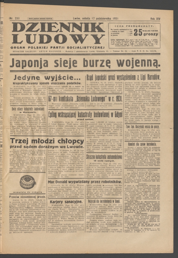 Dziennik Ludowy&nbsp;: organ Polskiej Partji Socjalistycznej. Rok&nbsp;14, 1931, numer&nbsp;239
