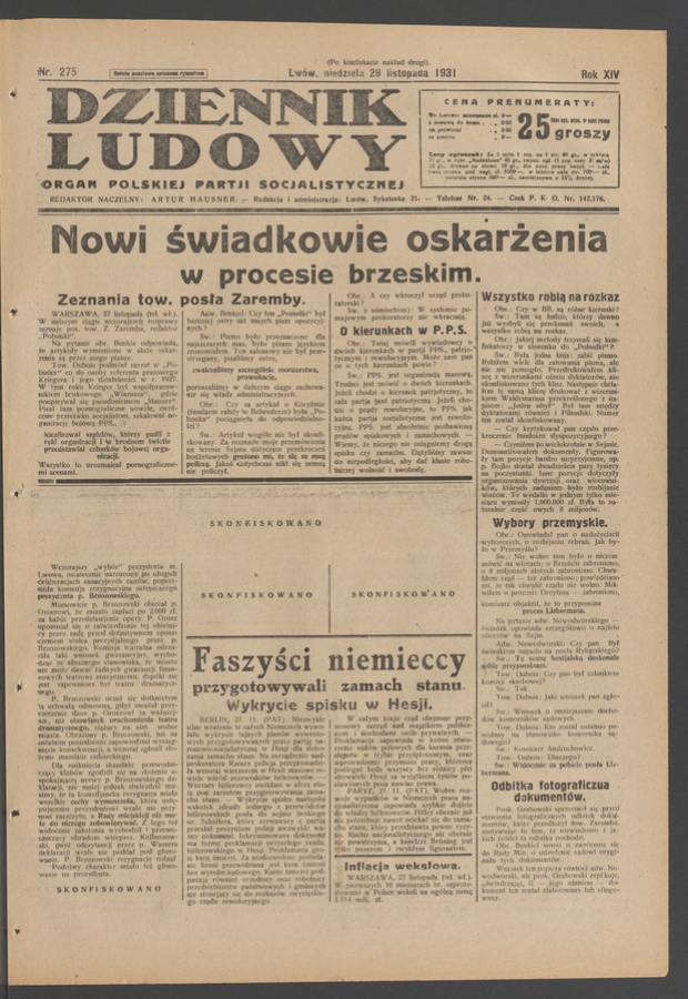 Dziennik Ludowy&nbsp;: organ Polskiej Partji Socjalistycznej. Rok&nbsp;14, 1931, numer&nbsp;275 (po&nbsp;konfiskacie nakład drugi)