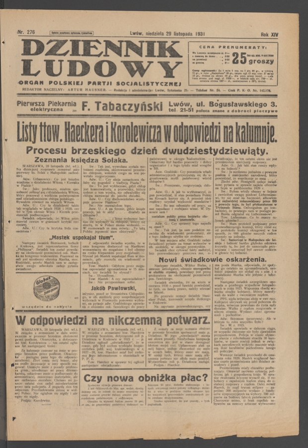 Dziennik Ludowy&nbsp;: organ Polskiej Partji Socjalistycznej. Rok&nbsp;14, 1931, numer&nbsp;276