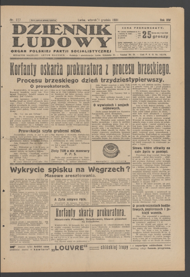 Dziennik Ludowy&nbsp;: organ Polskiej Partji Socjalistycznej. Rok&nbsp;14, 1931, numer&nbsp;277