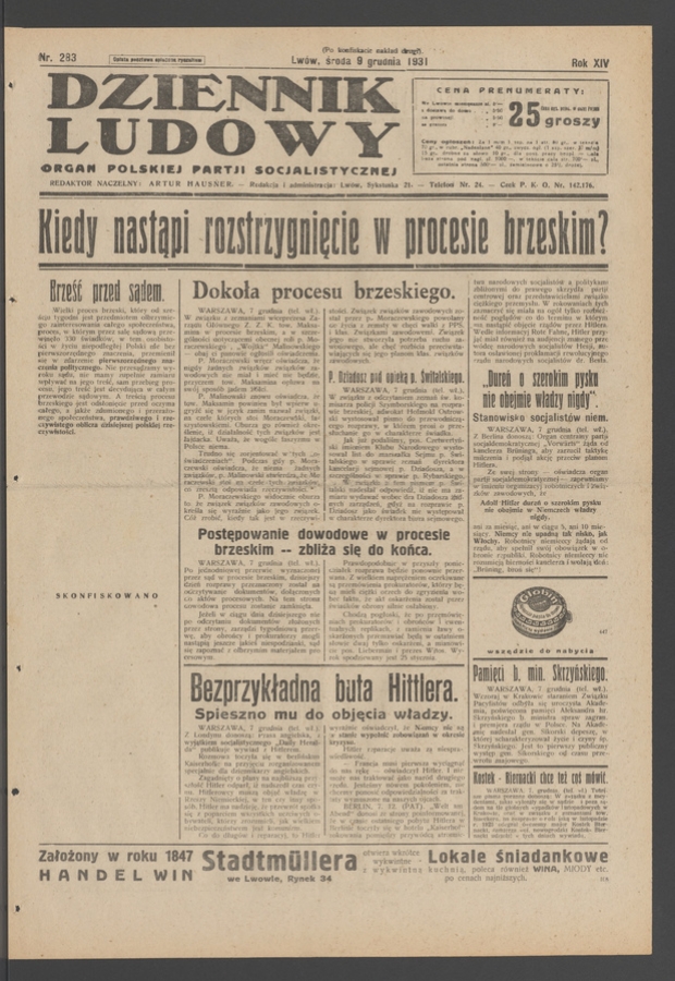 Dziennik Ludowy&nbsp;: organ Polskiej Partji Socjalistycznej. Rok&nbsp;14, 1931, numer&nbsp;283 (po&nbsp;konfiskacie nakład drugi)