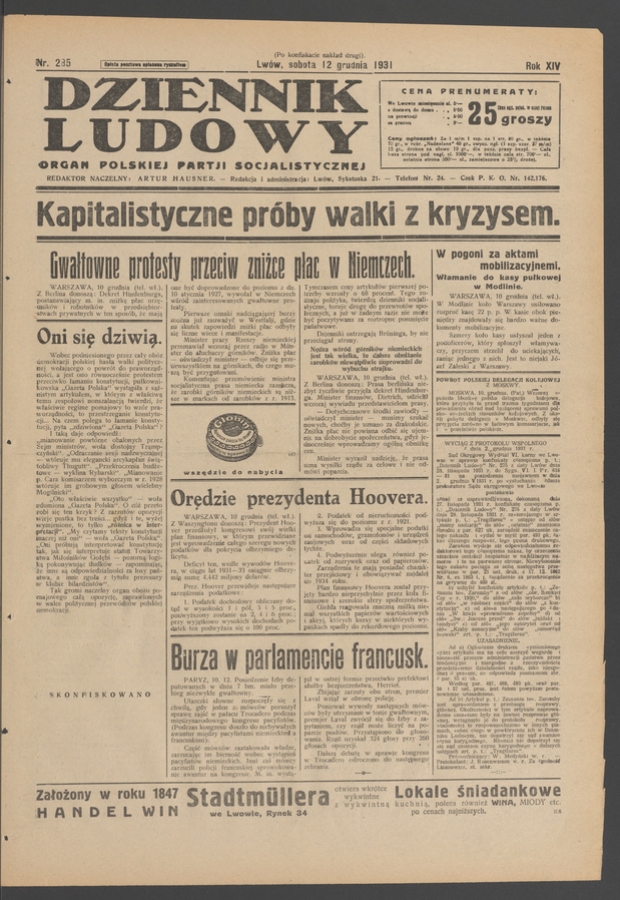 Dziennik Ludowy&nbsp;: organ Polskiej Partji Socjalistycznej. Rok&nbsp;14, 1931, numer&nbsp;285 (po&nbsp;konfiskacie nakład drugi)