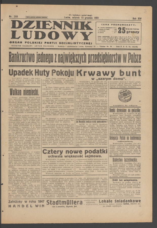 Dziennik Ludowy&nbsp;: organ Polskiej Partji Socjalistycznej. Rok&nbsp;14, 1931, numer&nbsp;288 (po&nbsp;konfiskacie nakład drugi)