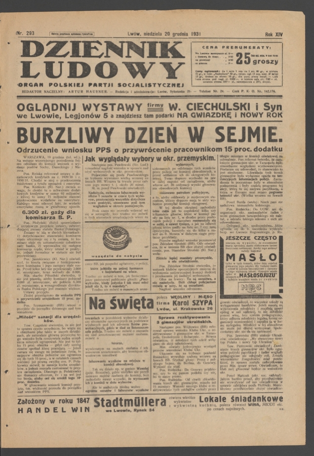 Dziennik Ludowy&nbsp;: organ Polskiej Partji Socjalistycznej. Rok&nbsp;14, 1931, numer&nbsp;293