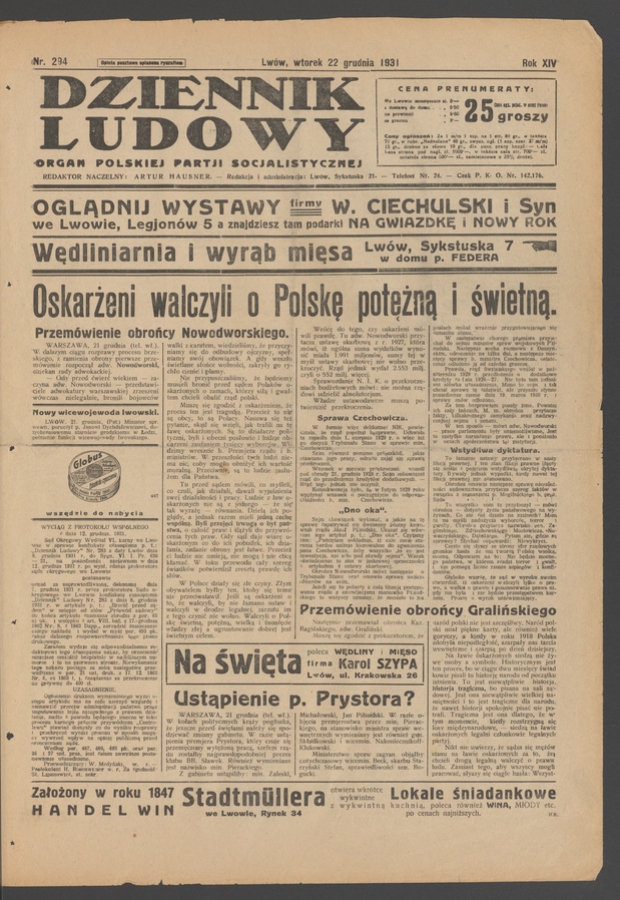 Dziennik Ludowy&nbsp;: organ Polskiej Partji Socjalistycznej. Rok&nbsp;14, 1931, numer&nbsp;294