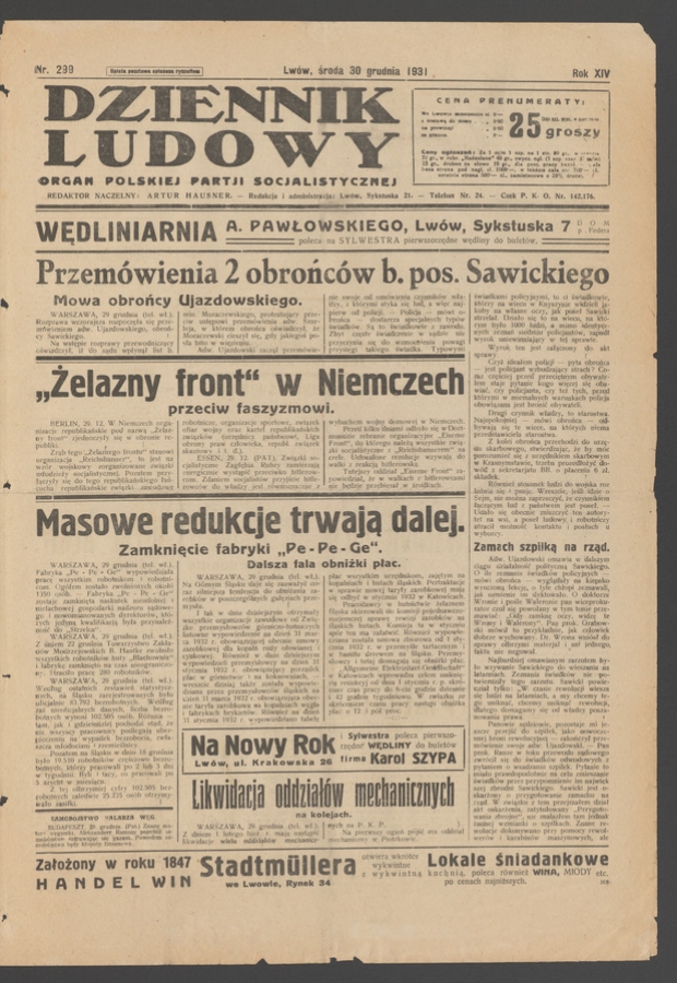 Dziennik Ludowy&nbsp;: organ Polskiej Partji Socjalistycznej. Rok&nbsp;14, 1931, numer&nbsp;299