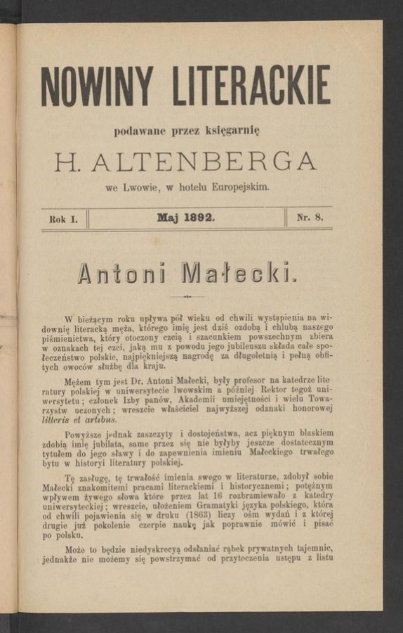 Nowiny Literackie&nbsp;: podawane przez Księgarnię H.&nbsp;Altenberga we&nbsp;Lwowie, w&nbsp;hotelu Europejskim. Rok&nbsp;1, 1892, numer&nbsp;8