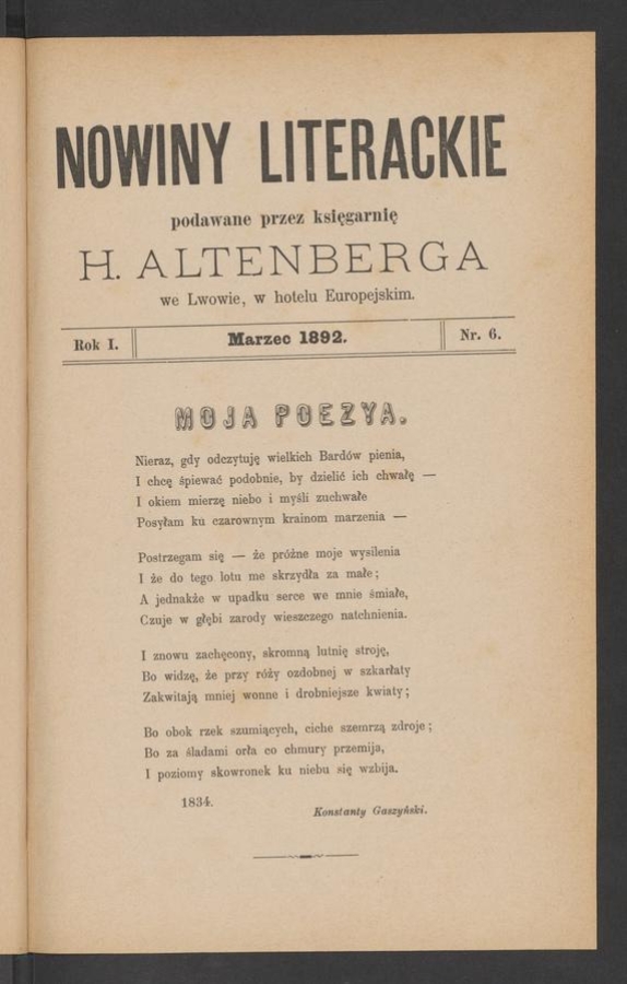 Nowiny Literackie&nbsp;: podawane przez Księgarnię H.&nbsp;Altenberga we&nbsp;Lwowie, w&nbsp;hotelu Europejskim. Rok&nbsp;1, 1892, numer&nbsp;6