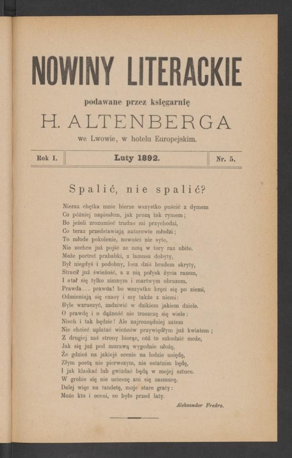 Nowiny Literackie&nbsp;: podawane przez Księgarnię H.&nbsp;Altenberga we&nbsp;Lwowie, w&nbsp;hotelu Europejskim. Rok&nbsp;1, 1892, numer&nbsp;5