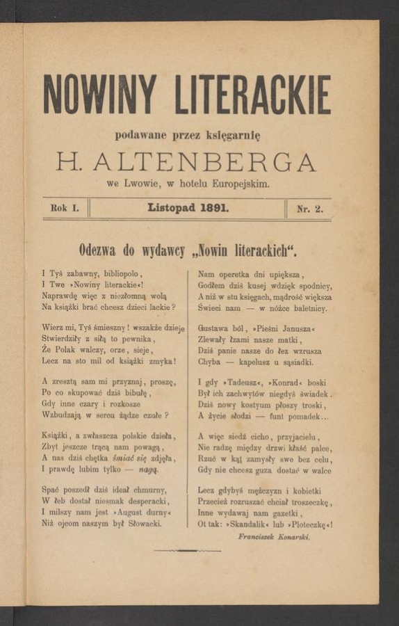 Nowiny Literackie&nbsp;: podawane przez Księgarnię H.&nbsp;Altenberga we&nbsp;Lwowie, w&nbsp;hotelu Europejskim. Rok&nbsp;1, 1891, numer&nbsp;2