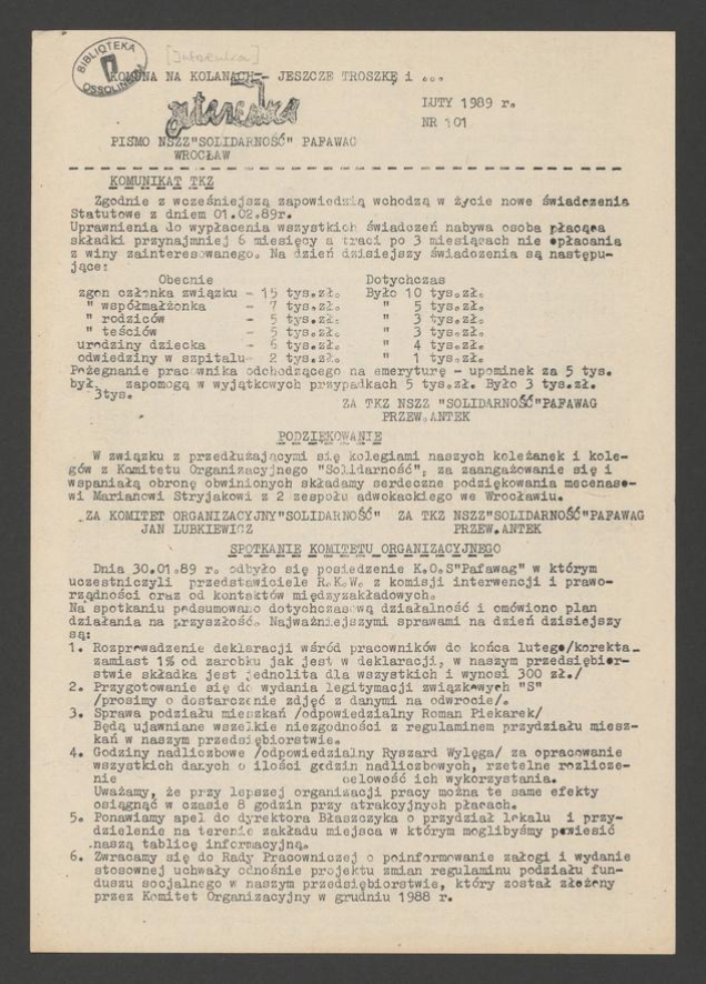 Jutrzenka&nbsp;: pismo NSZZ &bdquo;Solidarność&rdquo; Pafawag Wrocław. 1989, numer&nbsp;101
