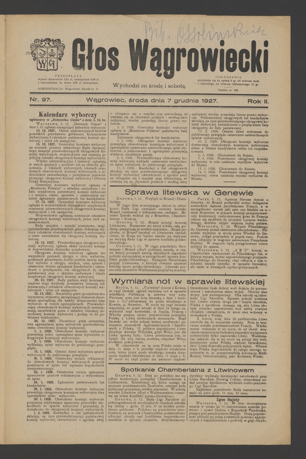 Głos Wągrowiecki. Rok&nbsp;2, 1927, numer&nbsp;97
