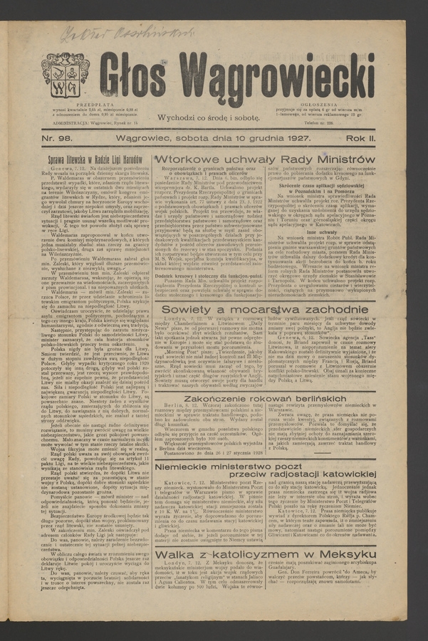 Głos Wągrowiecki. Rok 2, 1927, numer 98