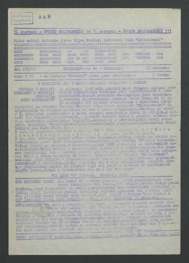 Fama&nbsp;: pismo załogi wydawane przez Tajną Komisję Zakładową NSZZ &bdquo;Solidarność&rdquo; Wrocław Fadroma. Rok&nbsp;3, 1983, numer 54