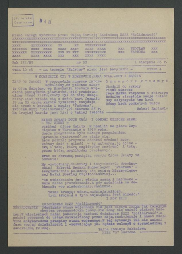 Fama&nbsp;: pismo załogi wydawane przez Tajną Komisję Zakładową NSZZ &bdquo;Solidarność&rdquo; Wrocław Fadroma. Rok&nbsp;3, 1983, numer 53