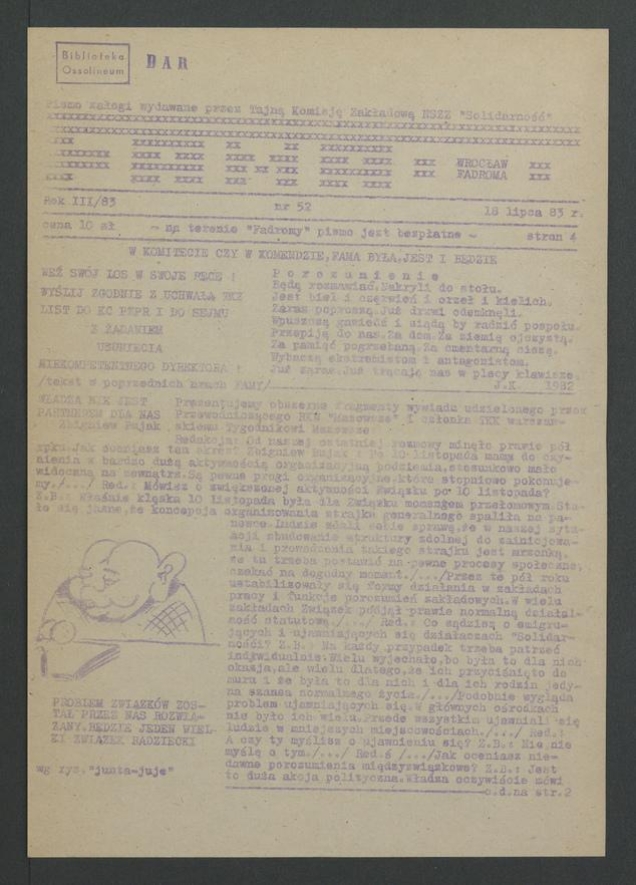 Fama&nbsp;: pismo załogi wydawane przez Tajną Komisję Zakładową NSZZ &bdquo;Solidarność&rdquo; Wrocław Fadroma. Rok&nbsp;3, 1983, numer 52