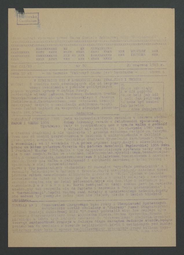 Fama&nbsp;: pismo załogi wydawane przez Tajną Komisję Zakładową NSZZ &bdquo;Solidarność&rdquo; Wrocław Fadroma. Rok&nbsp;3, 1983, numer 50