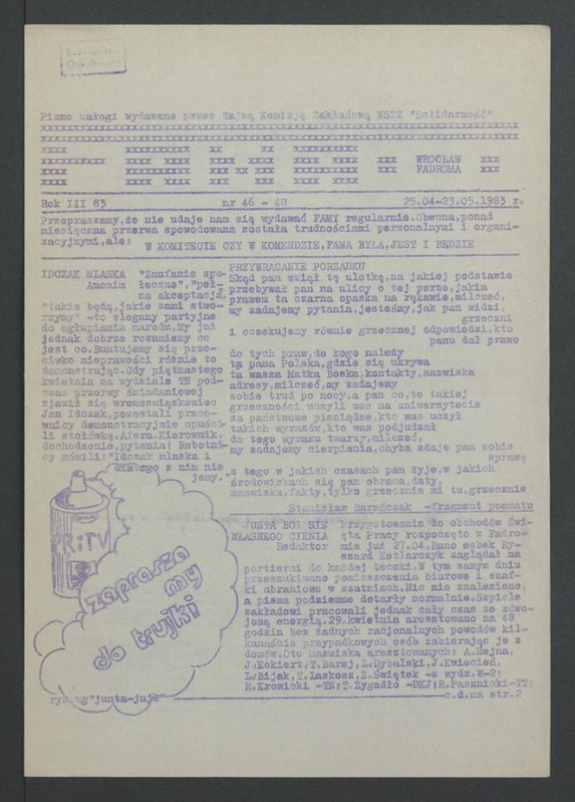 Fama&nbsp;: pismo załogi wydawane przez Tajną Komisję Zakładową NSZZ &bdquo;Solidarność&rdquo; Wrocław Fadroma. Rok&nbsp;3, 1983, numer 46-48