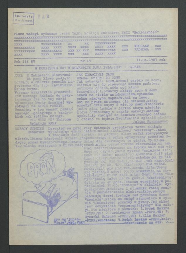 Fama&nbsp;: pismo załogi wydawane przez Tajną Komisję Zakładową NSZZ &bdquo;Solidarność&rdquo; Wrocław Fadroma. Rok&nbsp;3, 1983, numer 45