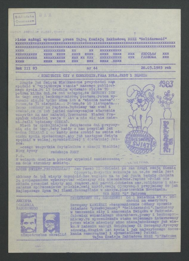 Fama&nbsp;: pismo załogi wydawane przez Tajną Komisję Zakładową NSZZ &bdquo;Solidarność&rdquo; Wrocław Fadroma. Rok&nbsp;3, 1983, numer 44