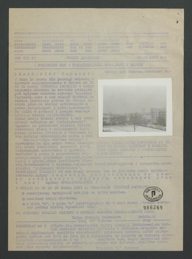 Fama&nbsp;: pismo załogi wydawane przez Tajną Komisję Zakładową NSZZ &bdquo;Solidarność&rdquo; Wrocław Fadroma. Rok&nbsp;3, 1983, numer 42, wydanie specjalne