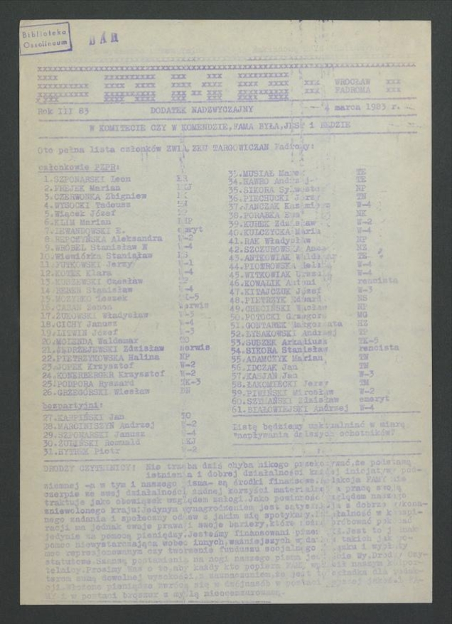 Fama&nbsp;: pismo załogi wydawane przez Tajną Komisję Zakładową NSZZ &bdquo;Solidarność&rdquo; Wrocław Fadroma. Rok&nbsp;3, 1983Fama&nbsp;: pismo załogi wydawane przez Tajną Komisję Zakładową NSZZ &bdquo;Solidarność&rdquo; Wrocław Fadroma. Rok&nbsp;3, 1983, numer 42, dodatek nadzwyczajny, dodatek nadzwyczajny