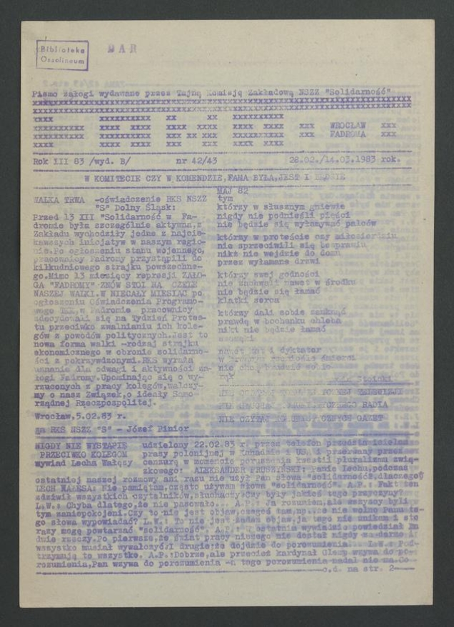 Fama&nbsp;: pismo załogi wydawane przez Tajną Komisję Zakładową NSZZ &bdquo;Solidarność&rdquo; Wrocław Fadroma. Rok&nbsp;3, 1983, numer 42-43