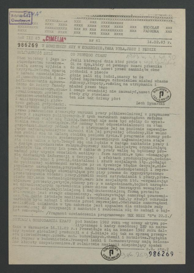 Fama&nbsp;: pismo załogi wydawane przez Tajną Komisję Zakładową NSZZ &bdquo;Solidarność&rdquo; Wrocław Fadroma. Rok&nbsp;3, 1983, numer 41