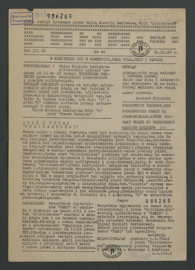 Fama&nbsp;: pismo załogi wydawane przez Tajną Komisję Zakładową NSZZ &bdquo;Solidarność&rdquo; Wrocław Fadroma. Rok&nbsp;3, 1983, numer 40