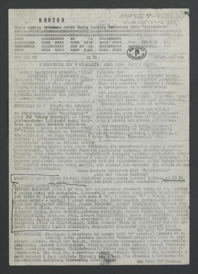 Fama&nbsp;: pismo załogi wydawane przez Tajną Komisję Zakładową NSZZ &bdquo;Solidarność&rdquo; Wrocław Fadroma. Rok&nbsp;3, 1983, numer 39