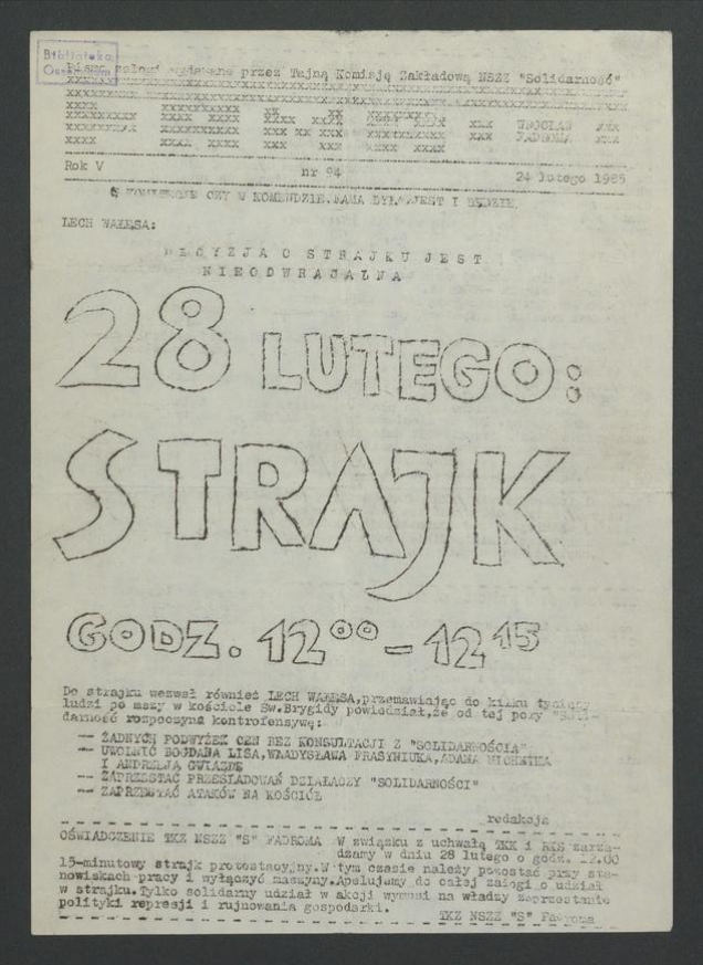 Fama&nbsp;: pismo załogi wydawane przez Tajną Komisję Zakładową NSZZ &bdquo;Solidarność&rdquo; Wrocław Fadroma. Rok&nbsp;5, 1985, numer 94