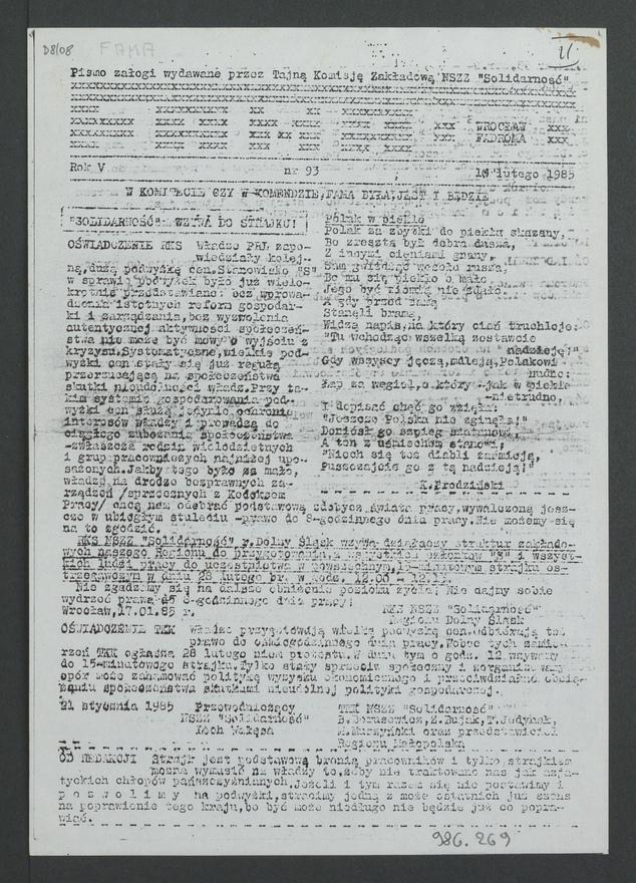 Fama&nbsp;: pismo załogi wydawane przez Tajną Komisję Zakładową NSZZ &bdquo;Solidarność&rdquo; Wrocław Fadroma. Rok&nbsp;5, 1985, numer 93