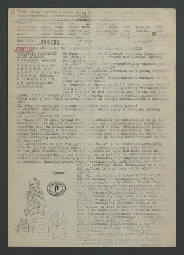 Fama&nbsp;: pismo załogi wydawane przez Tajną Komisję Zakładową NSZZ &bdquo;Solidarność&rdquo; Wrocław Fadroma. Rok&nbsp;5, 1985, numer 90-91