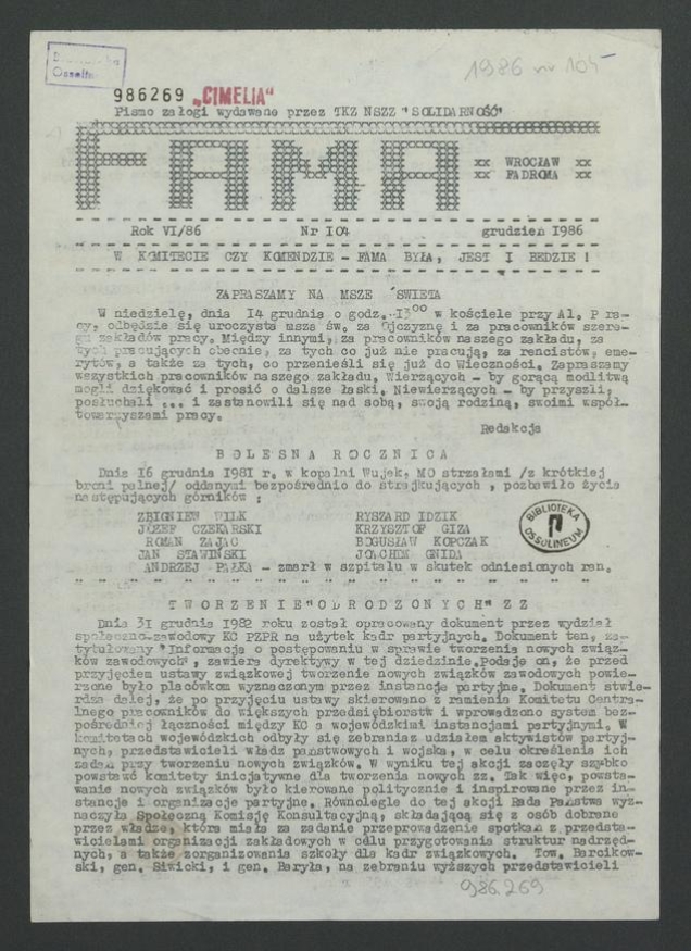 Fama&nbsp;: pismo załogi wydawane przez Tajną Komisję Zakładową NSZZ &bdquo;Solidarność&rdquo; Wrocław Fadroma. Rok&nbsp;6, 1986, numer 104