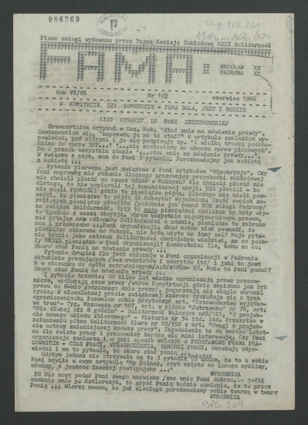 Fama&nbsp;: pismo załogi wydawane przez Tajną Komisję Zakładową NSZZ &bdquo;Solidarność&rdquo; Wrocław Fadroma. Rok&nbsp;6, 1986, numer 102