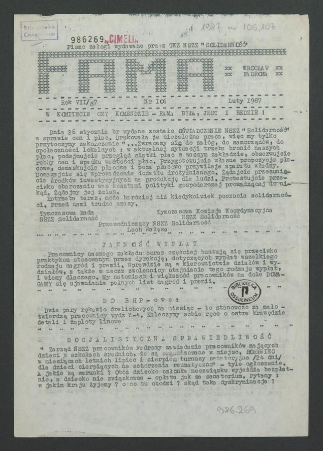 Fama&nbsp;: pismo załogi wydawane przez Tajną Komisję Zakładową NSZZ &bdquo;Solidarność&rdquo; Wrocław Fadroma. Rok&nbsp;7, 1987, numer 106