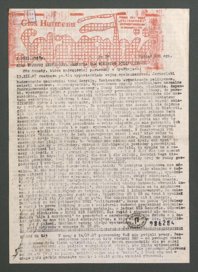 Głos Hutmenu&nbsp;: pismo TKZ NSZZ &bdquo;Solidarność&rdquo; Hutmen Wrocław. 1983, numer&nbsp;15