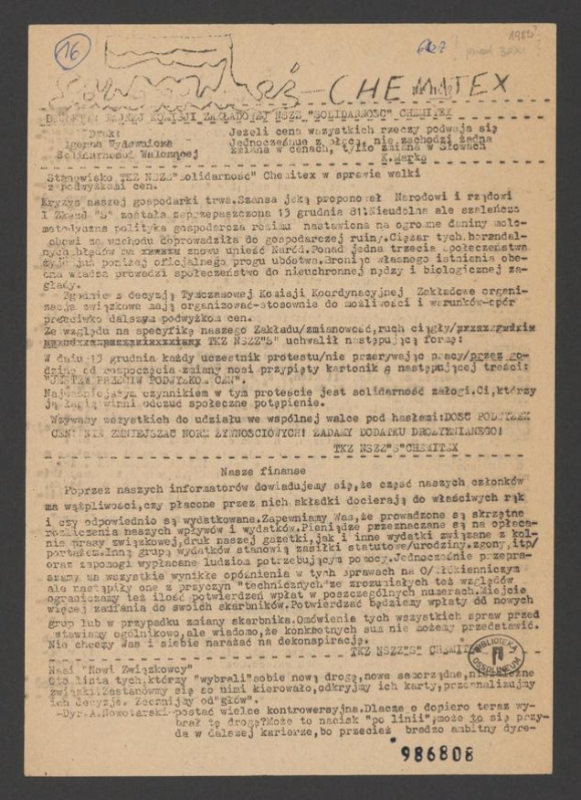 Solidarność Chemitex : biuletyn Tajnej Komisji Zakładowej NSZZ &bdquo;Solidarność&rdquo; WZWCH Chemitex. 1983, numer&nbsp;10