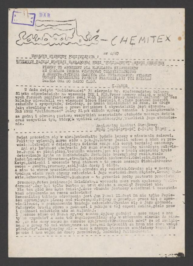 Solidarność Chemitex : biuletyn Tajnej Komisji Zakładowej NSZZ &bdquo;Solidarność&rdquo; WZWCH Chemitex. 1983, numer&nbsp;8