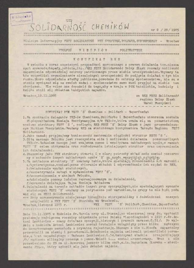 Solidarność Chemik&oacute;w : biuletyn informacyjny NSZZ &bdquo;Solidarność&rdquo; MKK Chemitex, Polifarb, Superfosfat. 1985, numer&nbsp;9