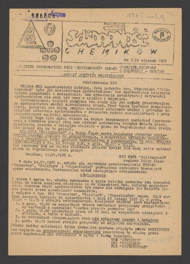 Solidarność Chemik&oacute;w : biuletyn informacyjny NSZZ &bdquo;Solidarność&rdquo; TKZ-&oacute;w Chemitex, Polifarb, Superfosfat. 1985, numer&nbsp;5