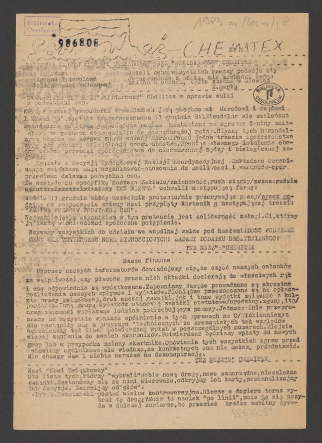 Solidarność Chemitex : biuletyn Tajnej Komisji Zakładowej NSZZ &bdquo;Solidarność&rdquo; WZWCH Chemitex. 1983, numer&nbsp;10 (egzemplarz drugi)&nbsp;