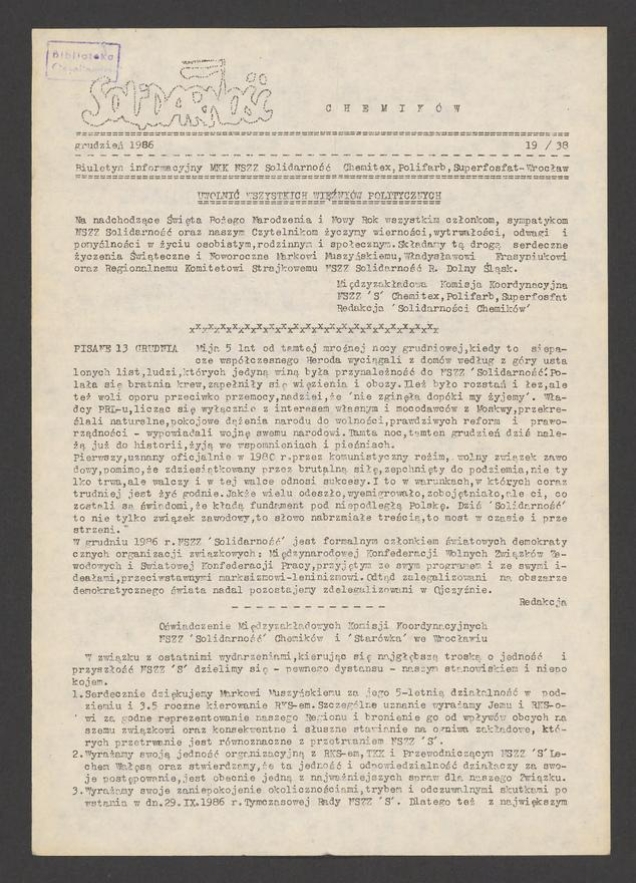 Solidarność Chemik&oacute;w : biuletyn informacyjny MKK NSZZ &bdquo;Solidarność&rdquo; Chemitex, Polifarb, Superfosfat. 1986, numer&nbsp;19