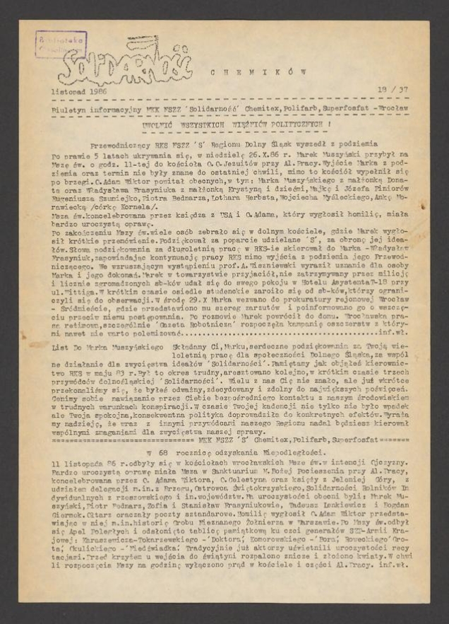 Solidarność Chemik&oacute;w : biuletyn informacyjny MKK NSZZ &bdquo;Solidarność&rdquo; Chemitex, Polifarb, Superfosfat. 1986, numer&nbsp;18