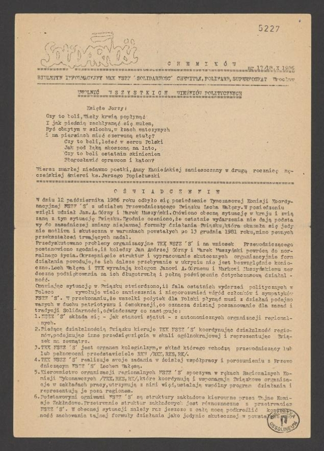 Solidarność Chemik&oacute;w : biuletyn informacyjny MKK NSZZ &bdquo;Solidarność&rdquo; Chemitex, Polifarb, Superfosfat. 1986, numer&nbsp;17