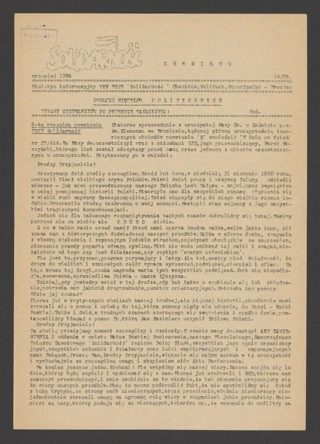 Solidarność Chemik&oacute;w : biuletyn informacyjny MKK NSZZ &bdquo;Solidarność&rdquo; Chemitex, Polifarb, Superfosfat. 1986, numer&nbsp;16